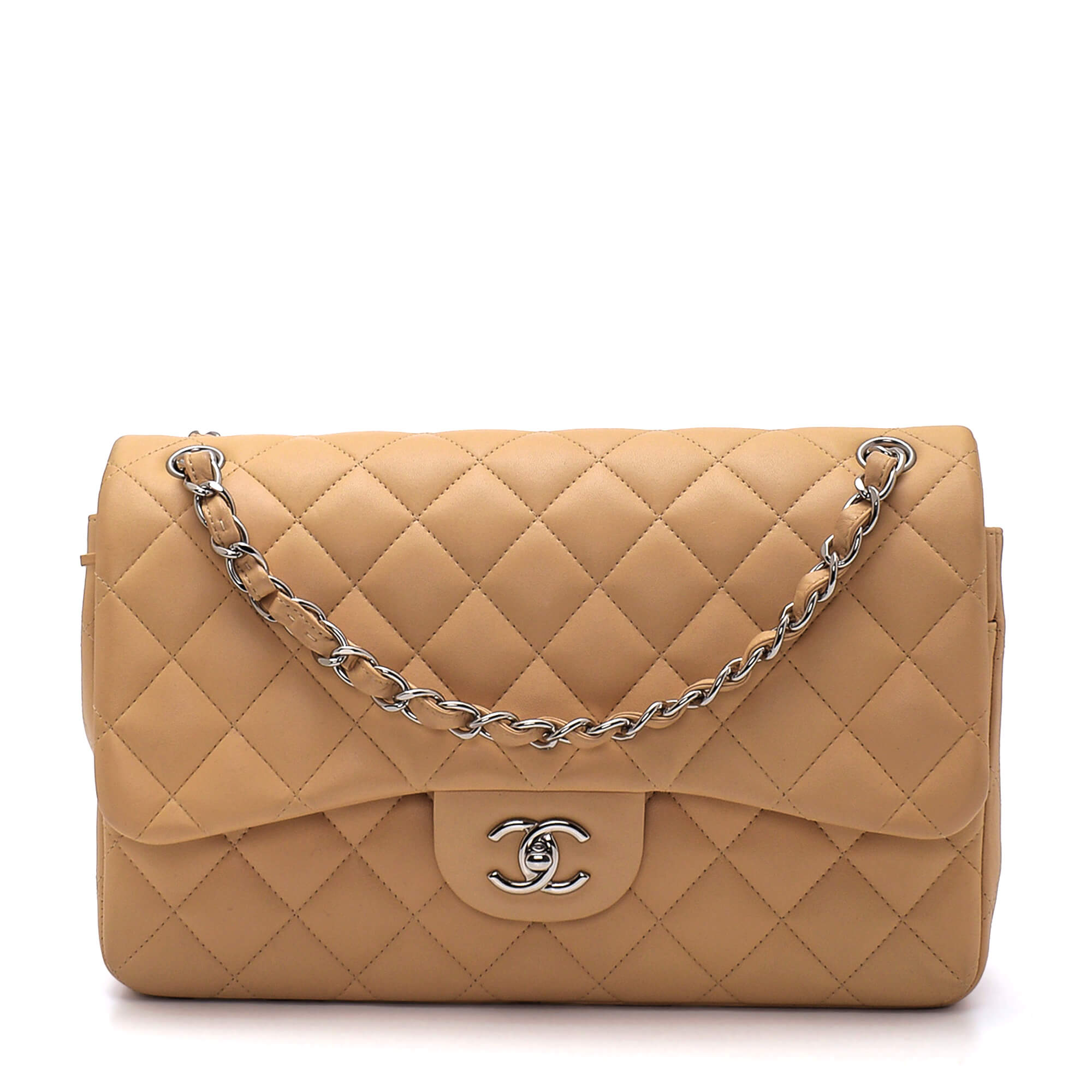 Chanel - Beige Quilted Lambskin Jumbo Double Flap Bag
